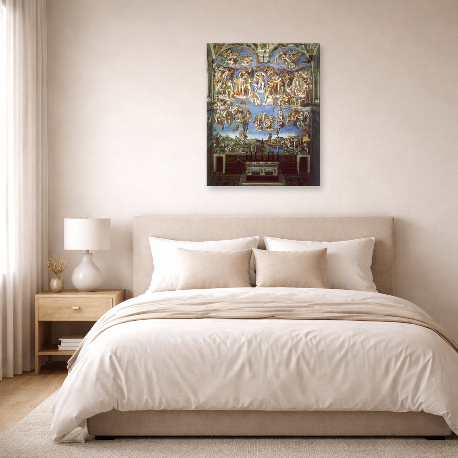 Unframed poster print of Michelangelo's The Last Judgment displayed on a wall in a bedroom