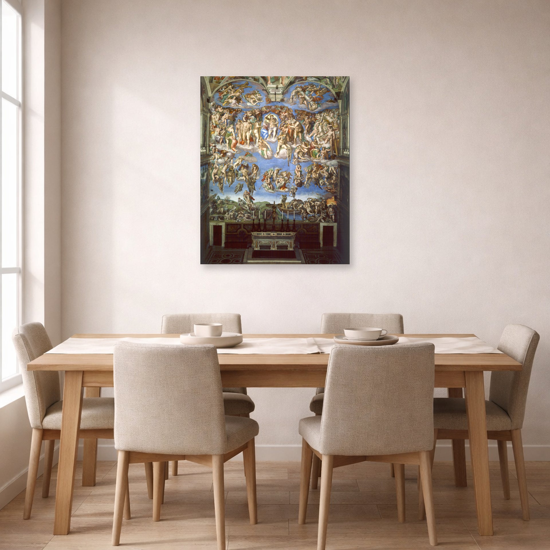 Unframed poster print of Michelangelo's The Last Judgment displayed on a wall in a dining room