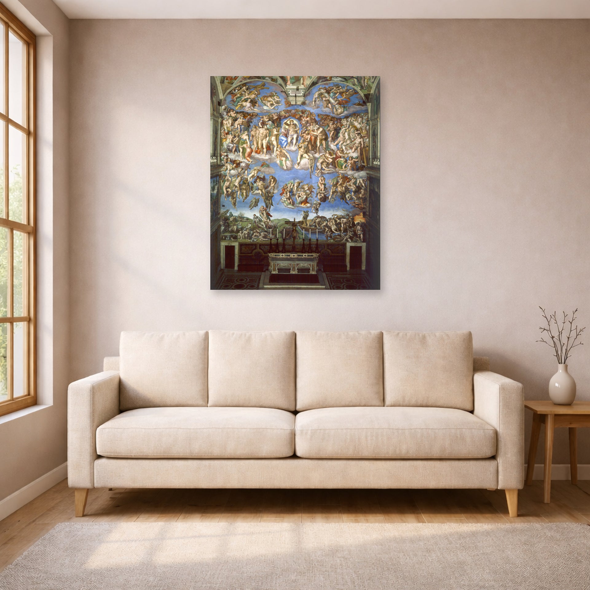 Unframed poster print of Michelangelo's The Last Judgment displayed on a wall in a living room