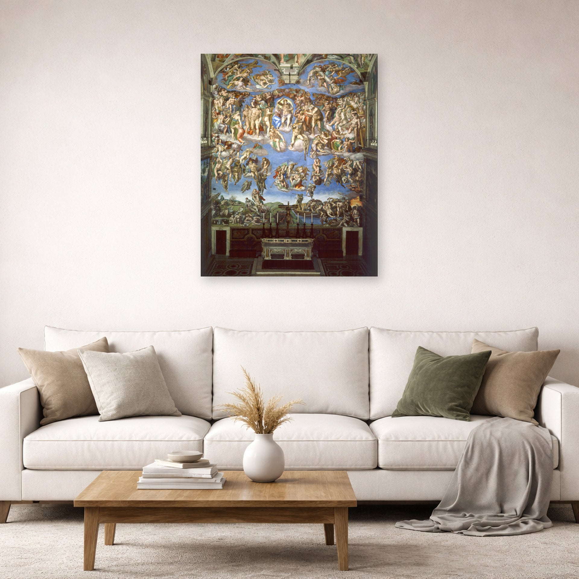 Unframed poster print of Michelangelo's The Last Judgment displayed on a wall in a living room
