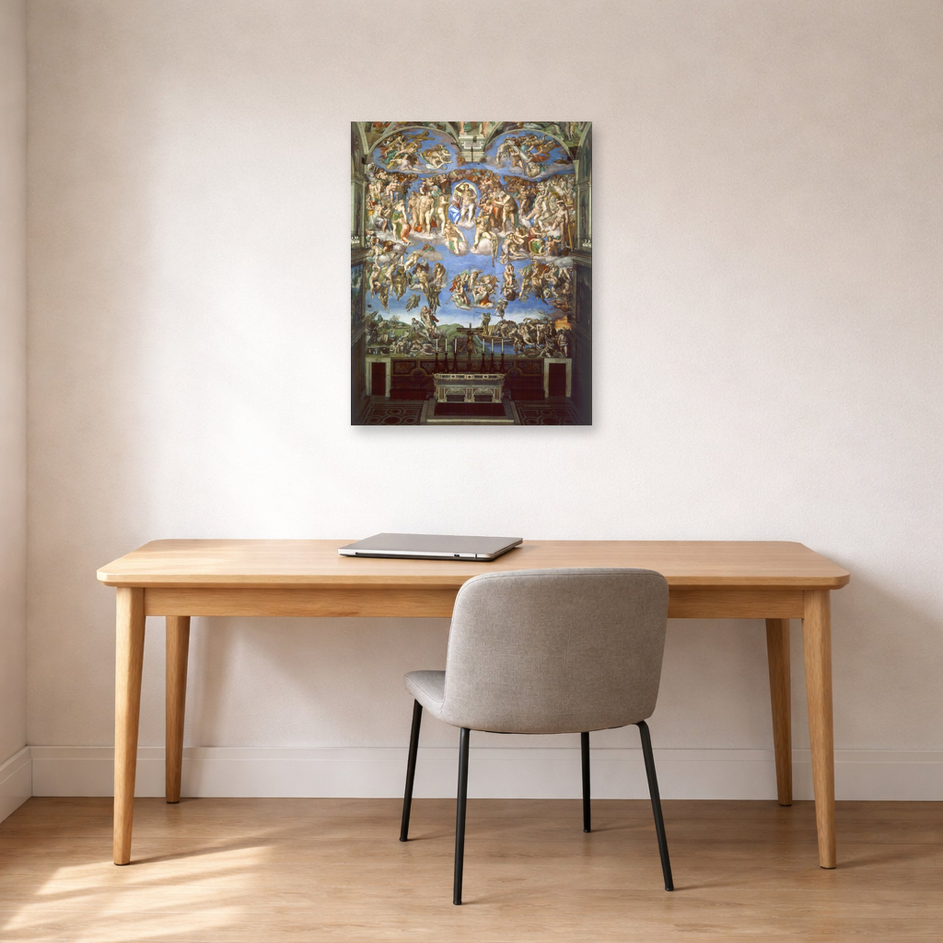 Unframed poster print of Michelangelo's The Last Judgment displayed on a wall in a office