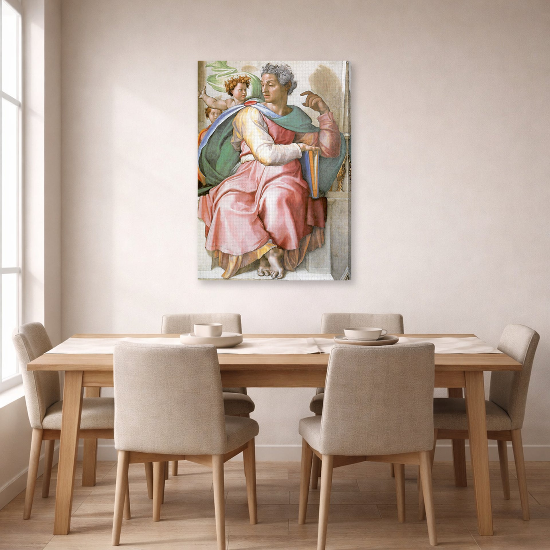 Gallery-wrapped canvas print of Michelangelo's The Prophet Isaiah displayed on a wall in a dining room