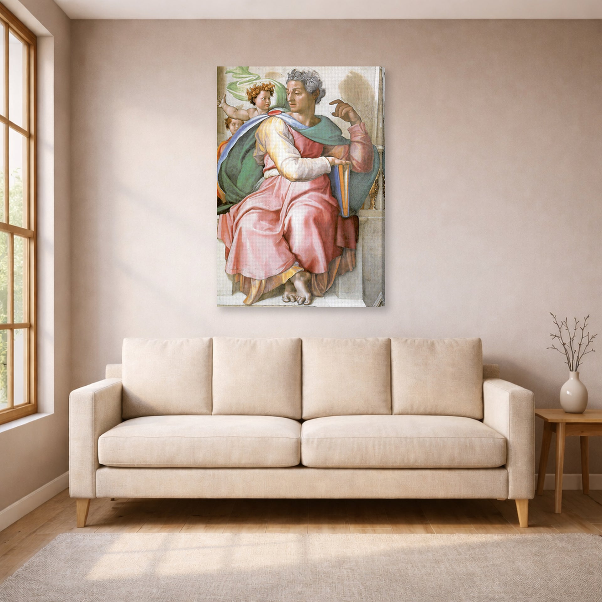 Gallery-wrapped canvas print of Michelangelo's The Prophet Isaiah displayed on a wall in a living room