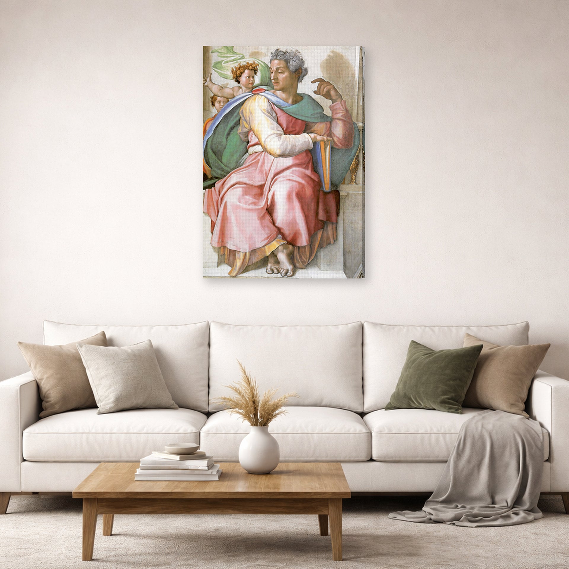 Gallery-wrapped canvas print of Michelangelo's The Prophet Isaiah displayed on a wall in a living room