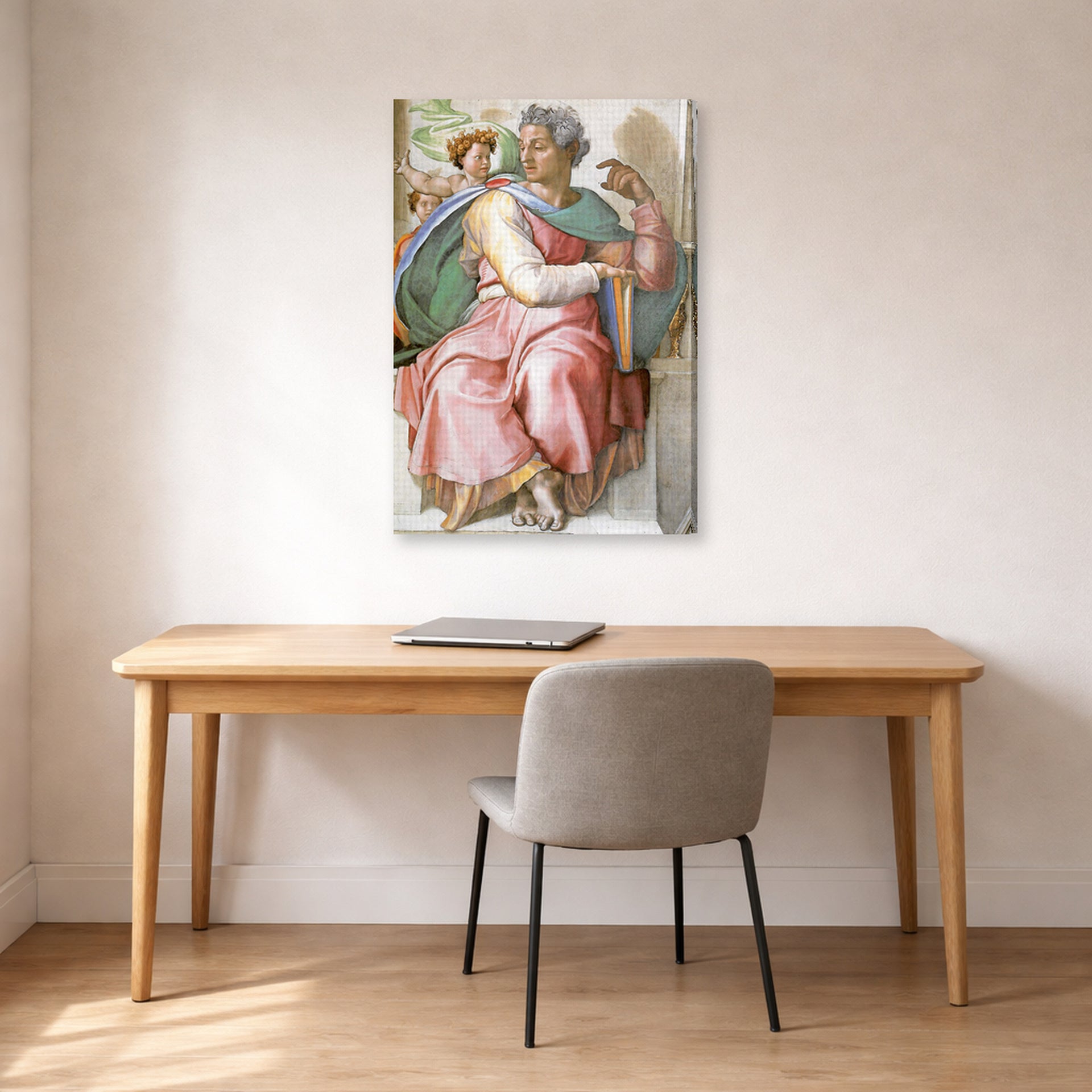 Gallery-wrapped canvas print of Michelangelo's The Prophet Isaiah displayed on a wall in a office