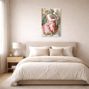 Unframed poster print of Michelangelo's The Prophet Isaiah displayed on a wall in a bedroom