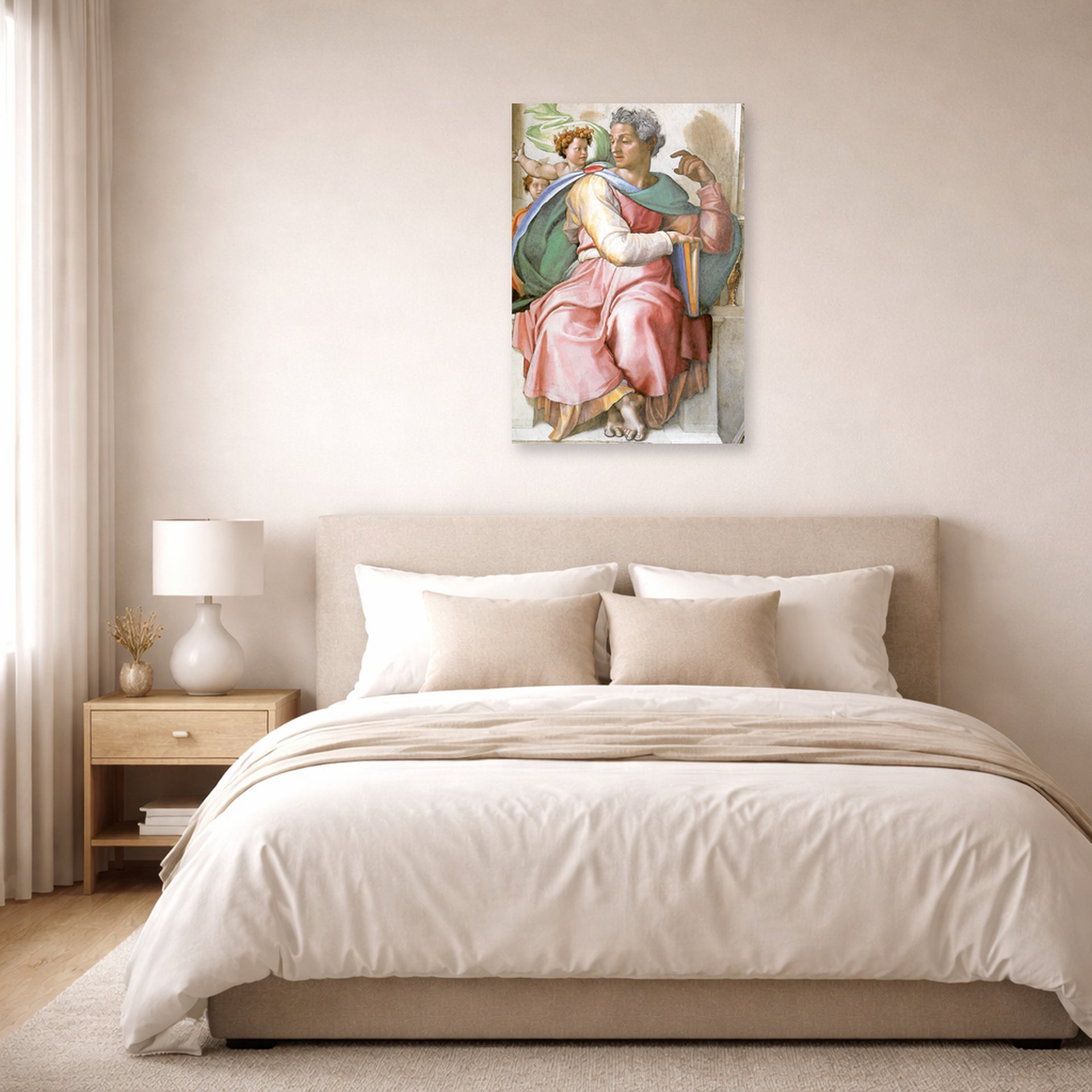 Unframed poster print of Michelangelo's The Prophet Isaiah displayed on a wall in a bedroom