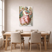 Unframed poster print of Michelangelo's The Prophet Isaiah displayed on a wall in a dining room