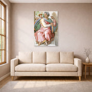 Unframed poster print of Michelangelo's The Prophet Isaiah displayed on a wall in a living room