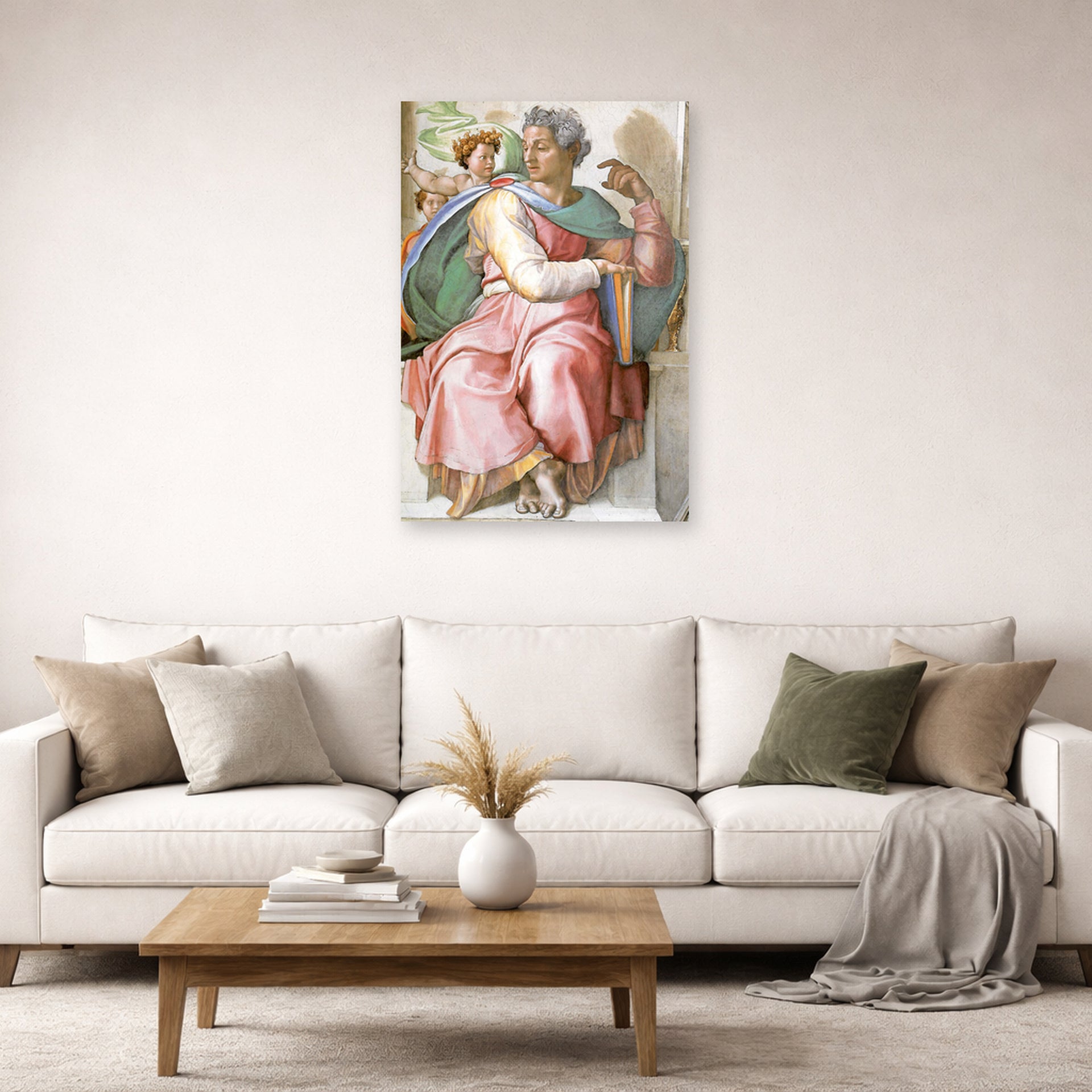 Unframed poster print of Michelangelo's The Prophet Isaiah displayed on a wall in a living room