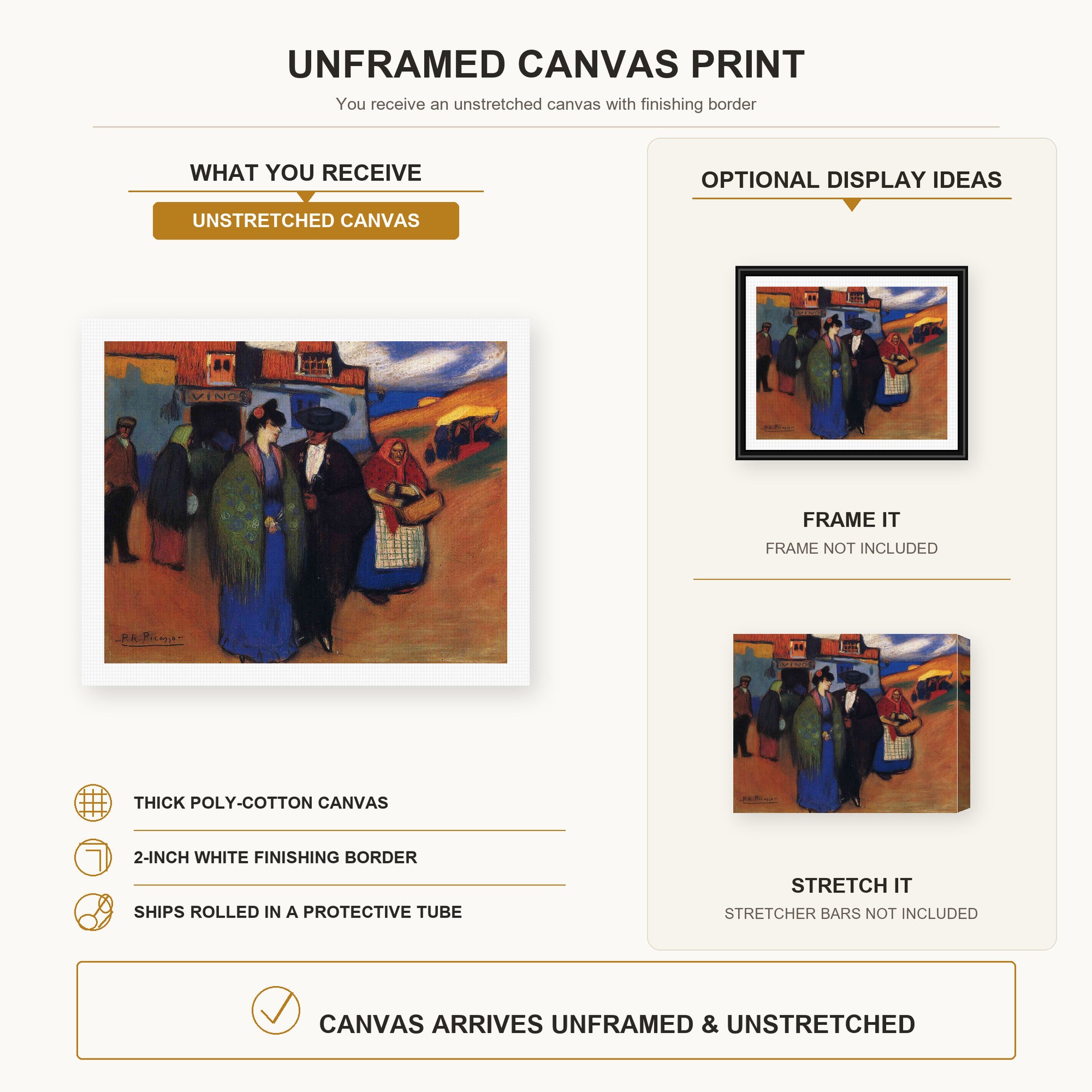 Pablo Picasso - A Spanish Couple in front of Inn canvas print size comparison and framing display infographic