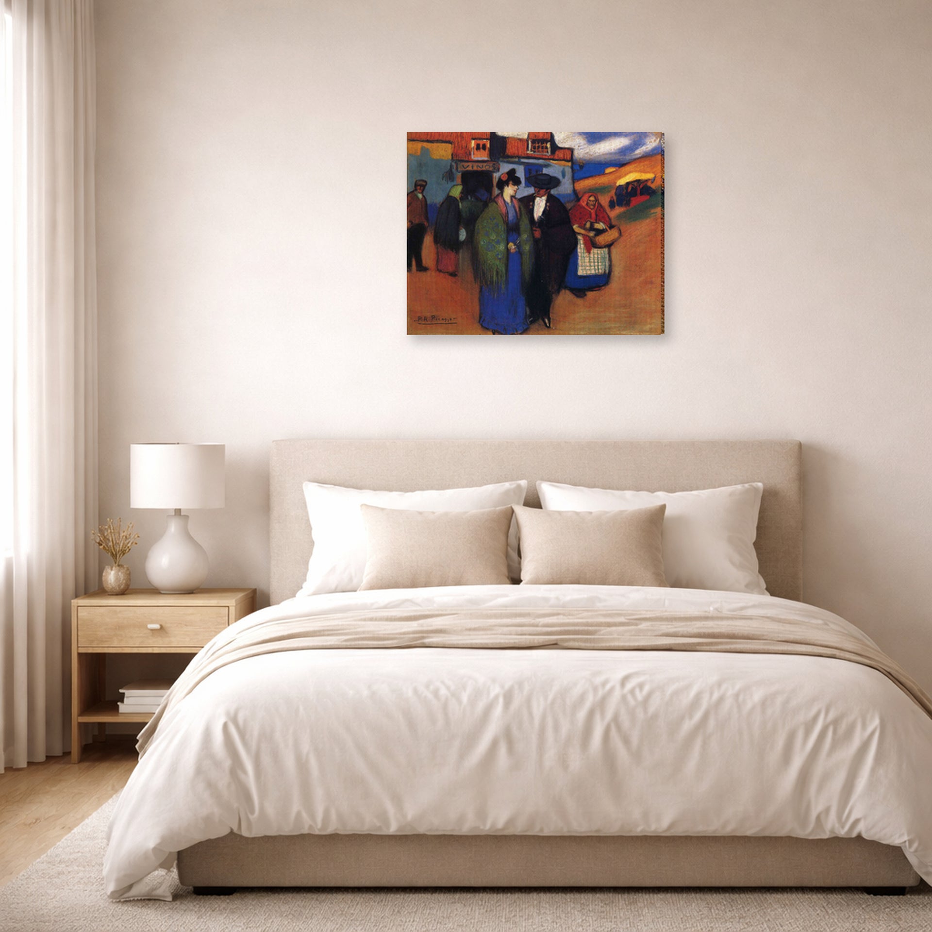 Gallery-wrapped canvas print of Pablo Picasso's 'A Spanish Couple in front of Inn' displayed on a wall in a bedroom