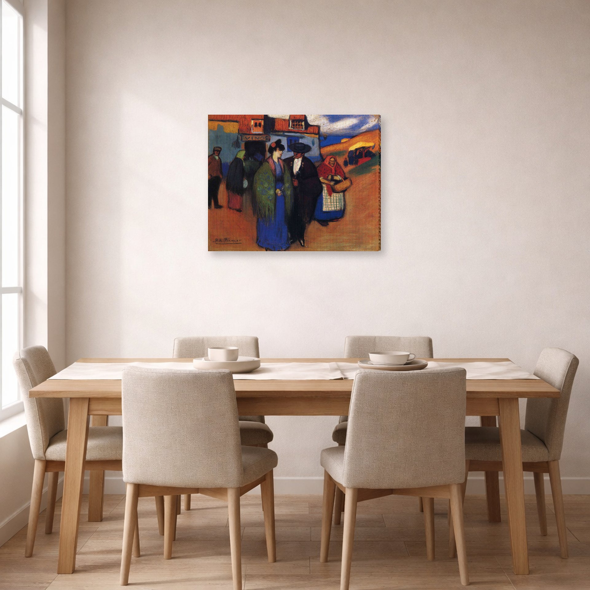 Gallery-wrapped canvas print of Pablo Picasso's 'A Spanish Couple in front of Inn' displayed on a wall in a dining room