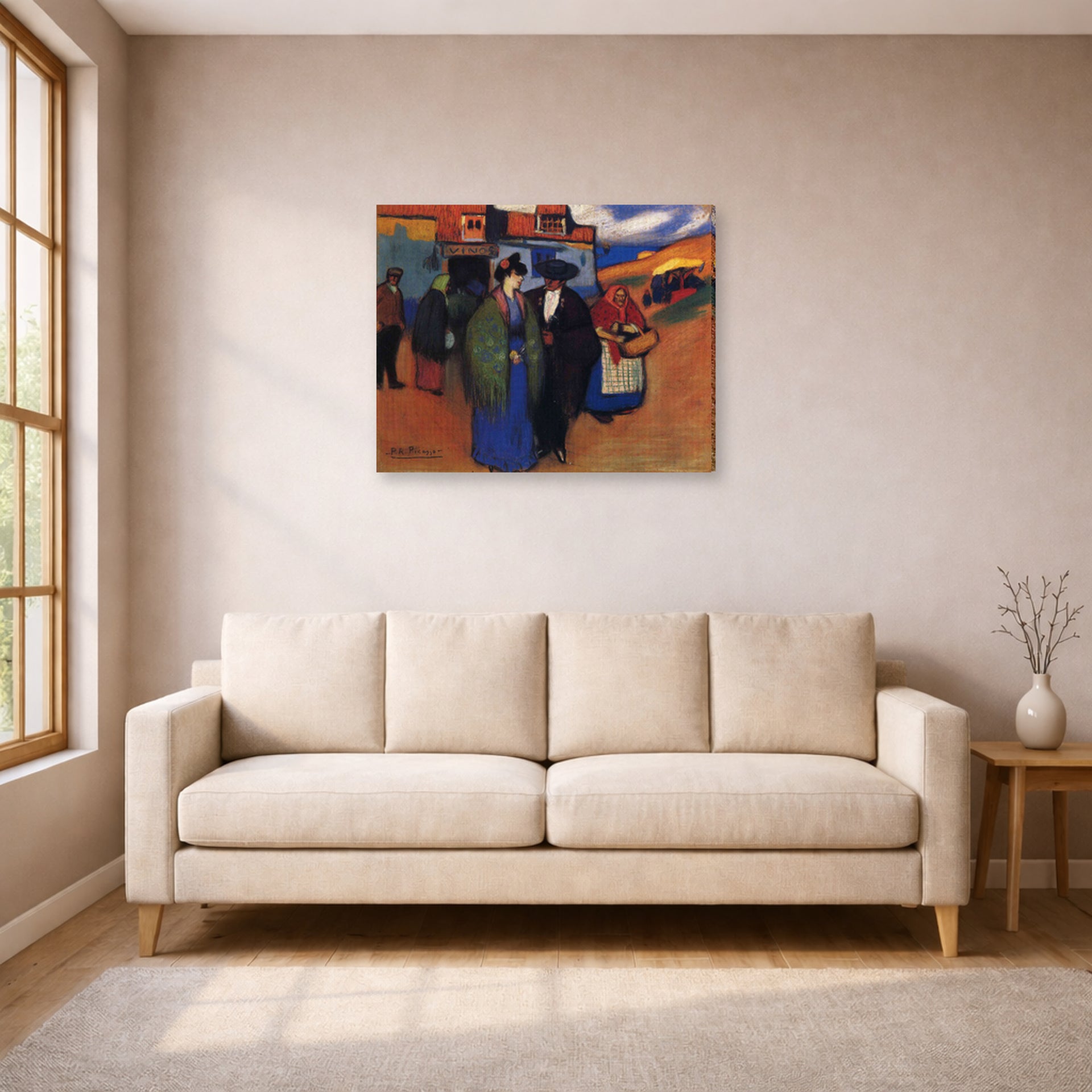 Gallery-wrapped canvas print of Pablo Picasso's 'A Spanish Couple in front of Inn' displayed on a wall in a living room