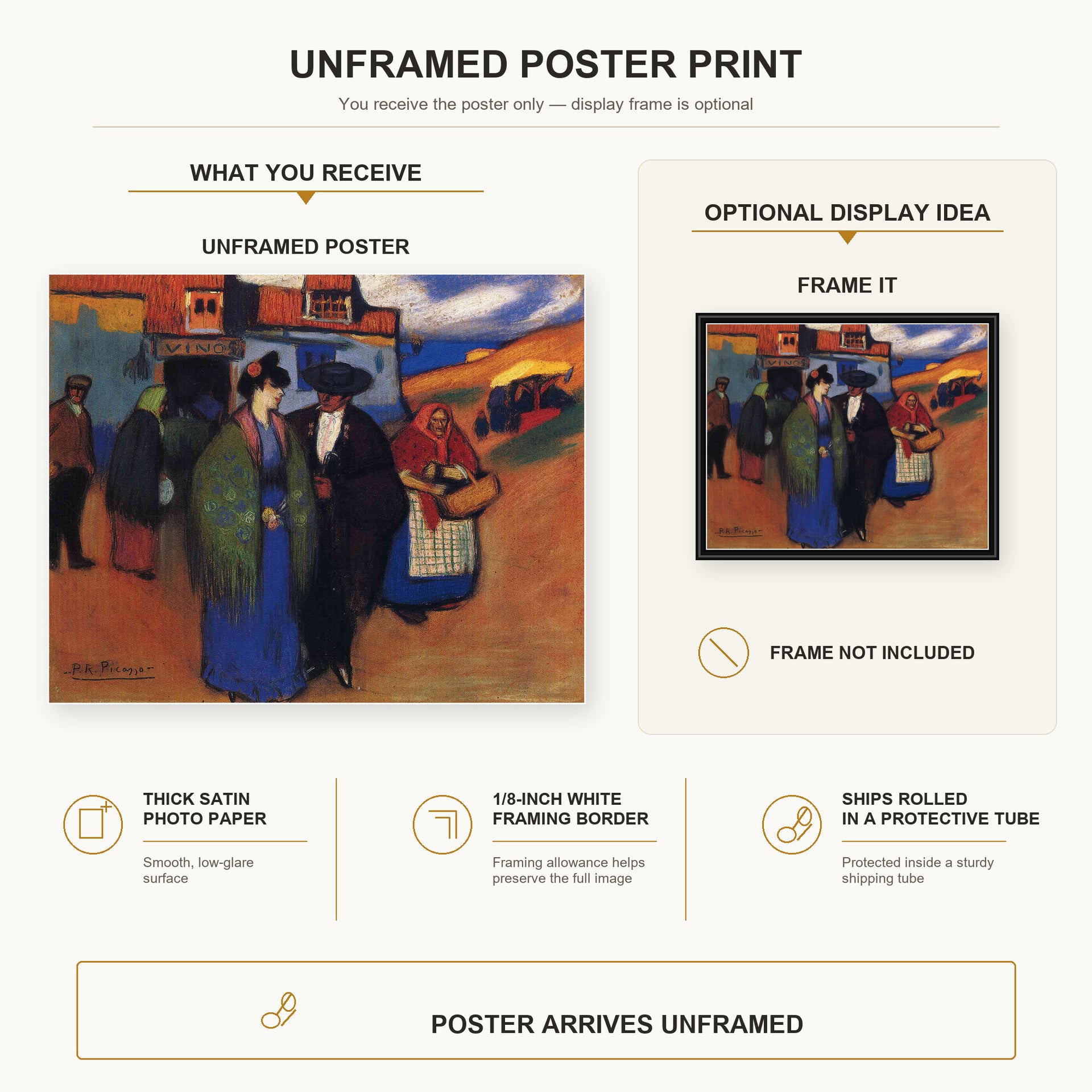 Pablo Picasso - A Spanish Couple in front of Inn poster print size comparison and framing display infographic