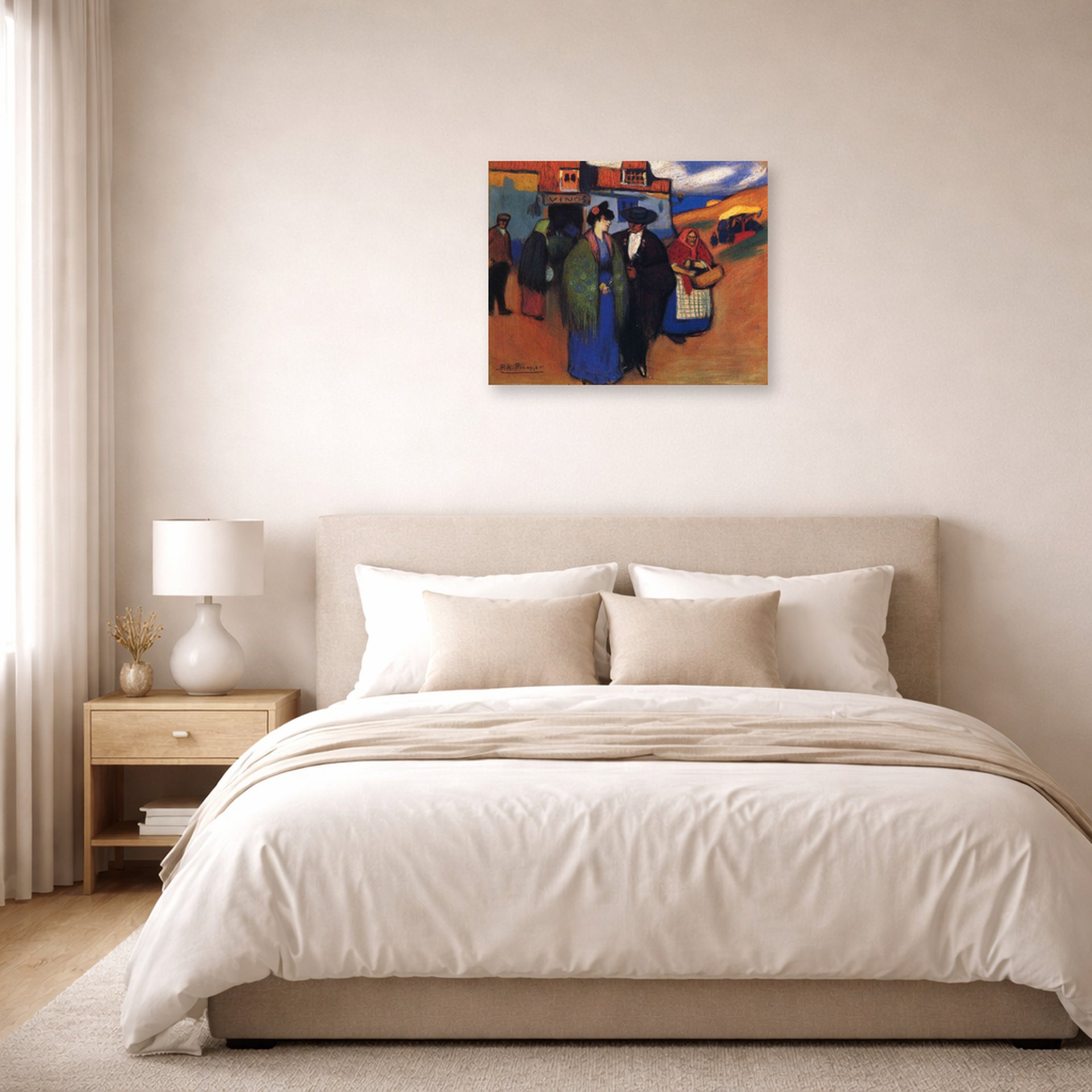 Unframed poster print of Pablo Picasso's 'A Spanish Couple in front of Inn' displayed on a wall in a bedroom