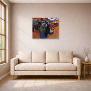 Unframed poster print of Pablo Picasso's 'A Spanish Couple in front of Inn' displayed on a wall in a living room