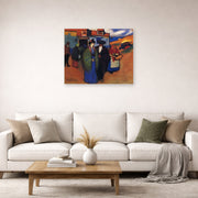Unframed poster print of Pablo Picasso's 'A Spanish Couple in front of Inn' displayed on a wall in a living room