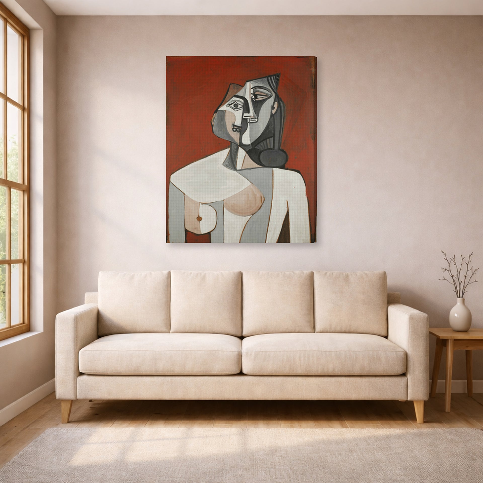 Gallery-wrapped canvas print of Pablo Picasso's 'Bust of a Woman' displayed on a wall in a living room