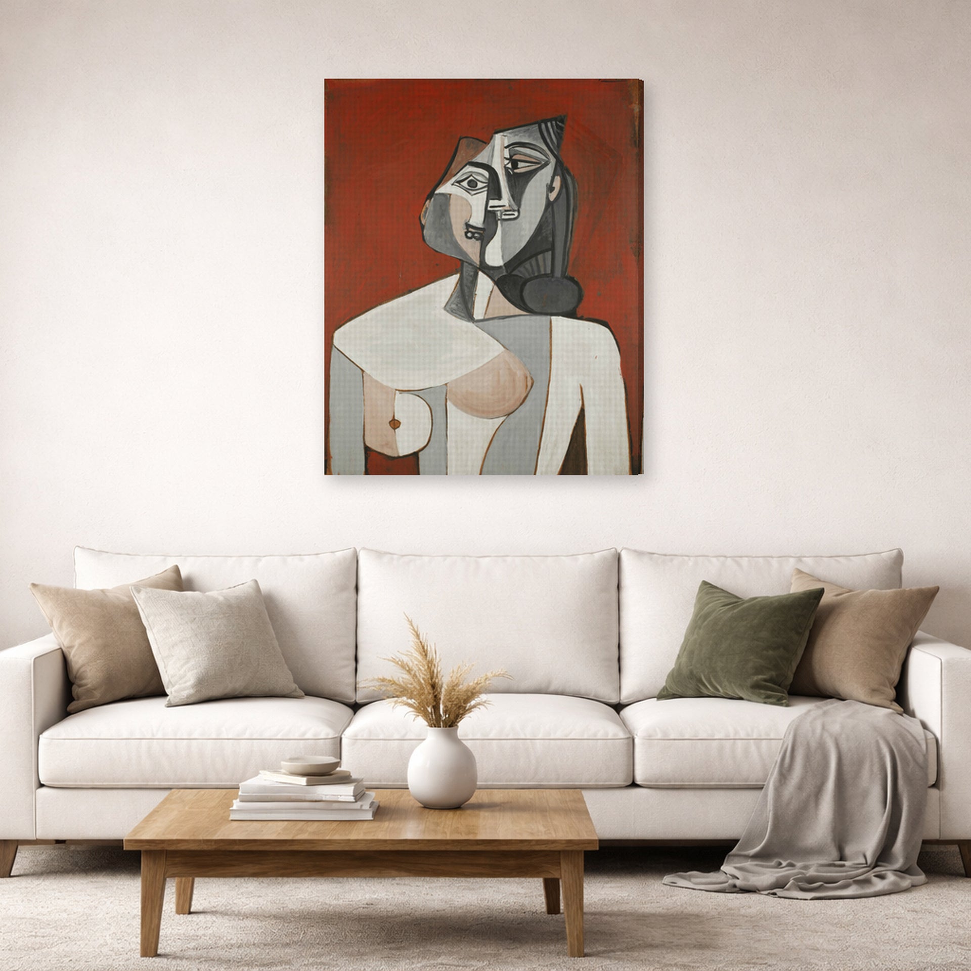Gallery-wrapped canvas print of Pablo Picasso's 'Bust of a Woman' displayed on a wall in a living room