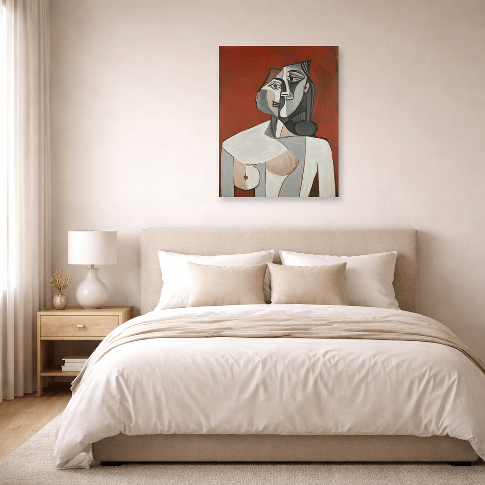 Unframed poster print of Pablo Picasso's 'Bust of a Woman' displayed on a wall in a bedroom