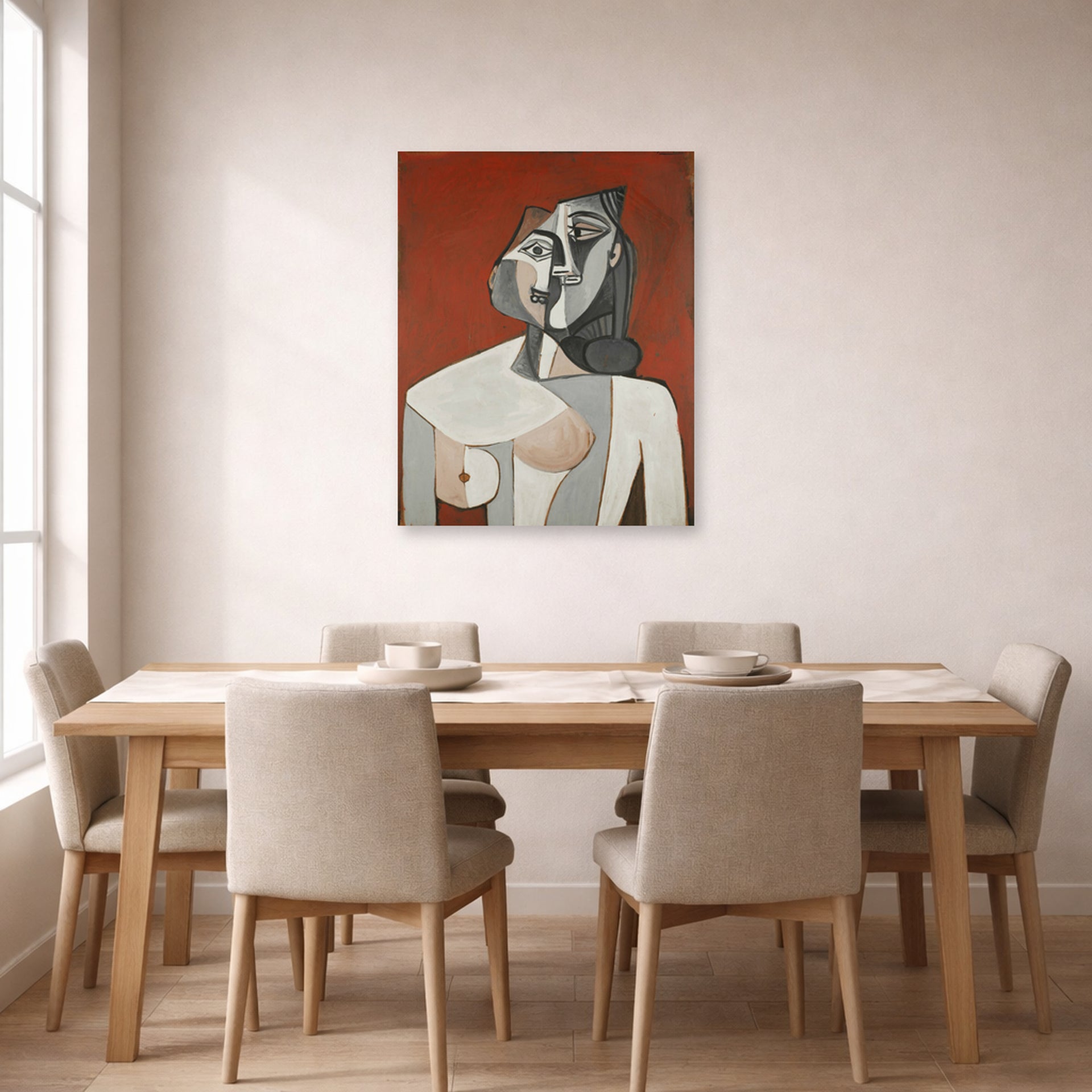 Unframed poster print of Pablo Picasso's 'Bust of a Woman' displayed on a wall in a dining room