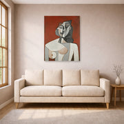 Unframed poster print of Pablo Picasso's 'Bust of a Woman' displayed on a wall in a living room