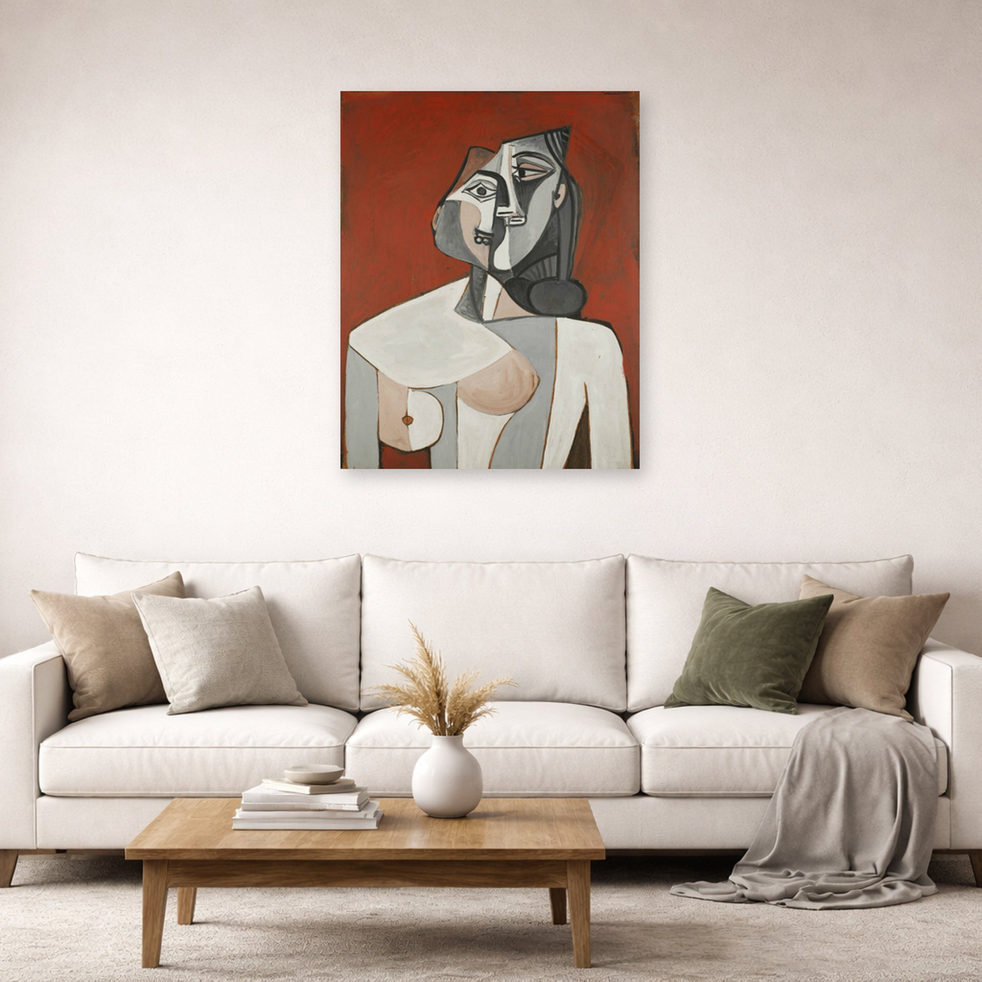 Unframed poster print of Pablo Picasso's 'Bust of a Woman' displayed on a wall in a living room