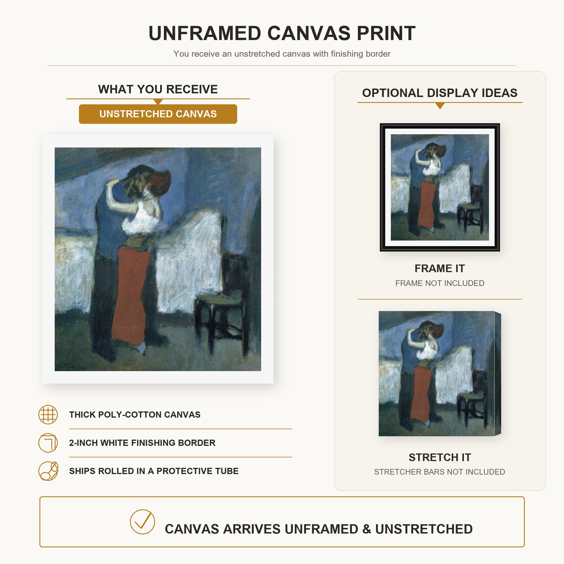 Pablo Picasso - Embrace canvas print size comparison and framing display infographic