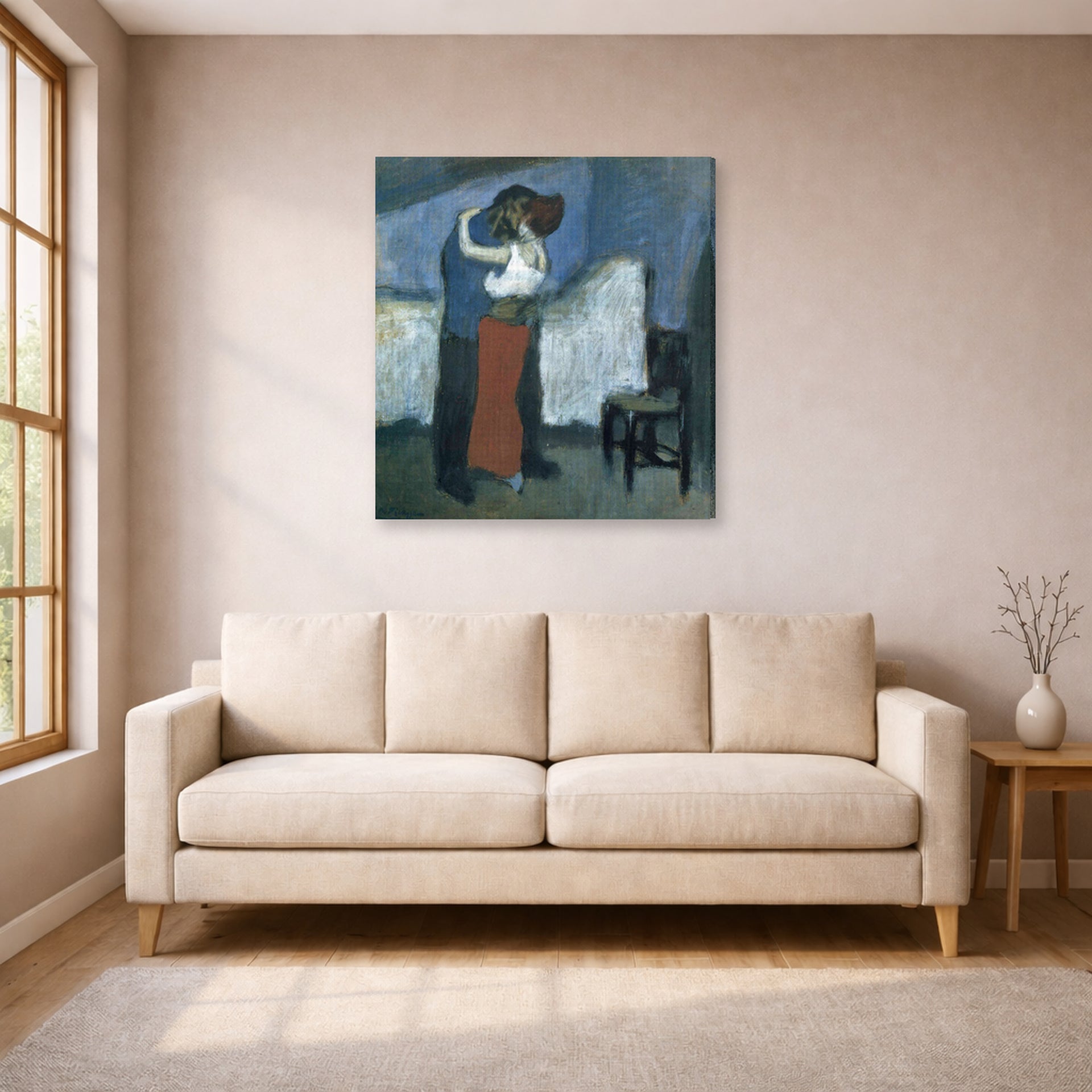 Gallery-wrapped canvas print of Pablo Picasso's 'Embrace' displayed on a wall in a living room