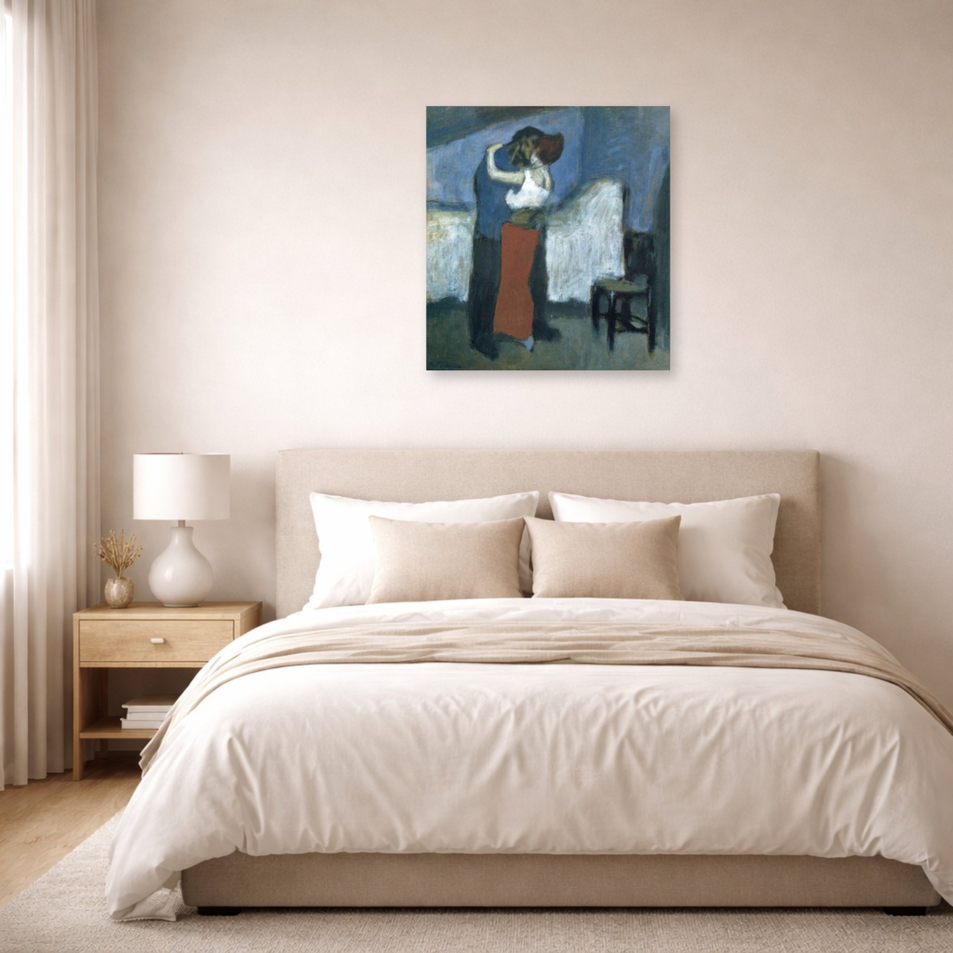 Unframed poster print of Pablo Picasso's 'Embrace' displayed on a wall in a bedroom