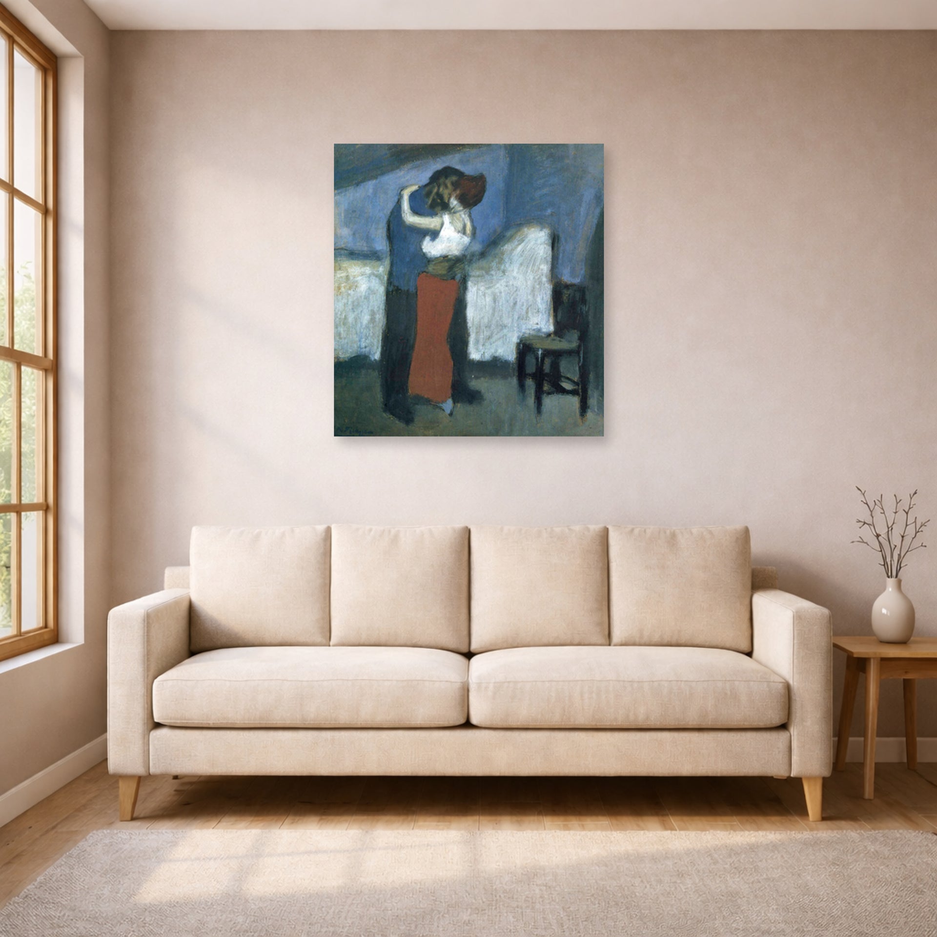Unframed poster print of Pablo Picasso's 'Embrace' displayed on a wall in a living room