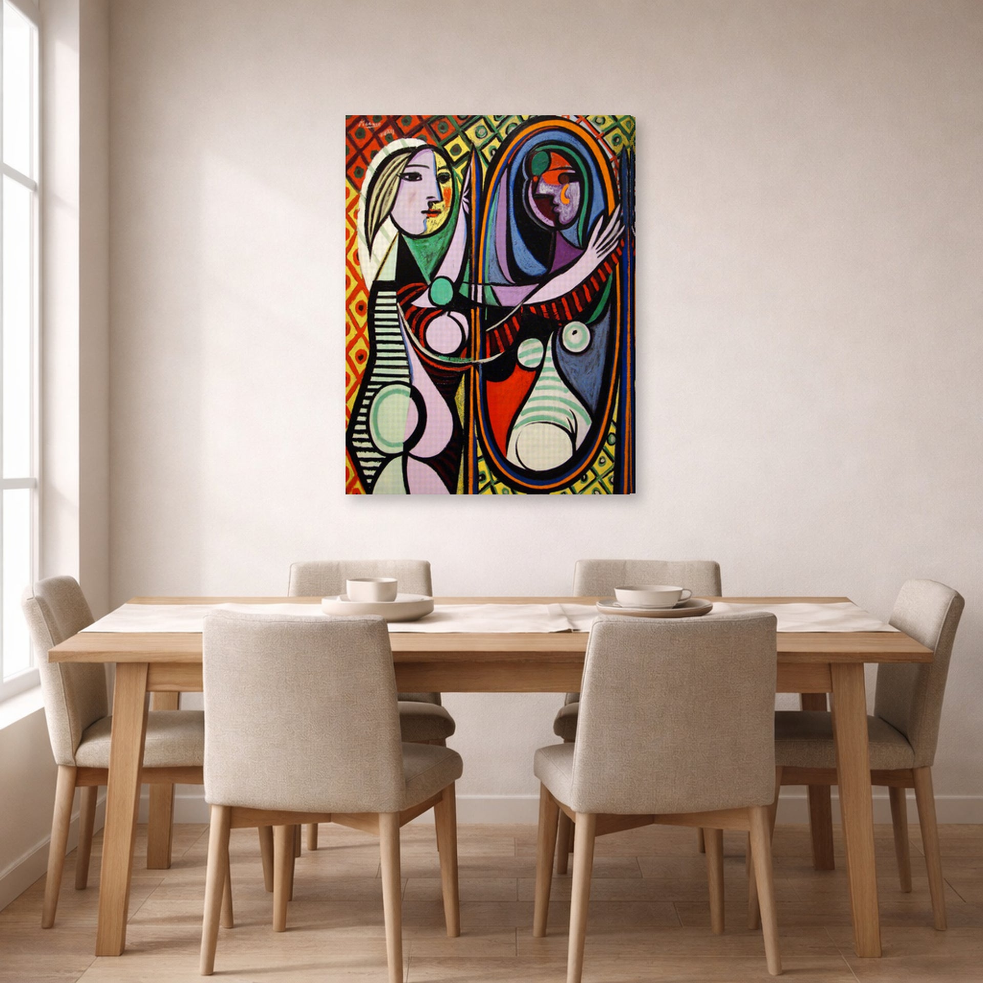 Gallery-wrapped canvas print of Pablo Picasso's 'Girl Before a Mirror' displayed on a wall in a dining room