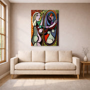 Gallery-wrapped canvas print of Pablo Picasso's 'Girl Before a Mirror' displayed on a wall in a living room
