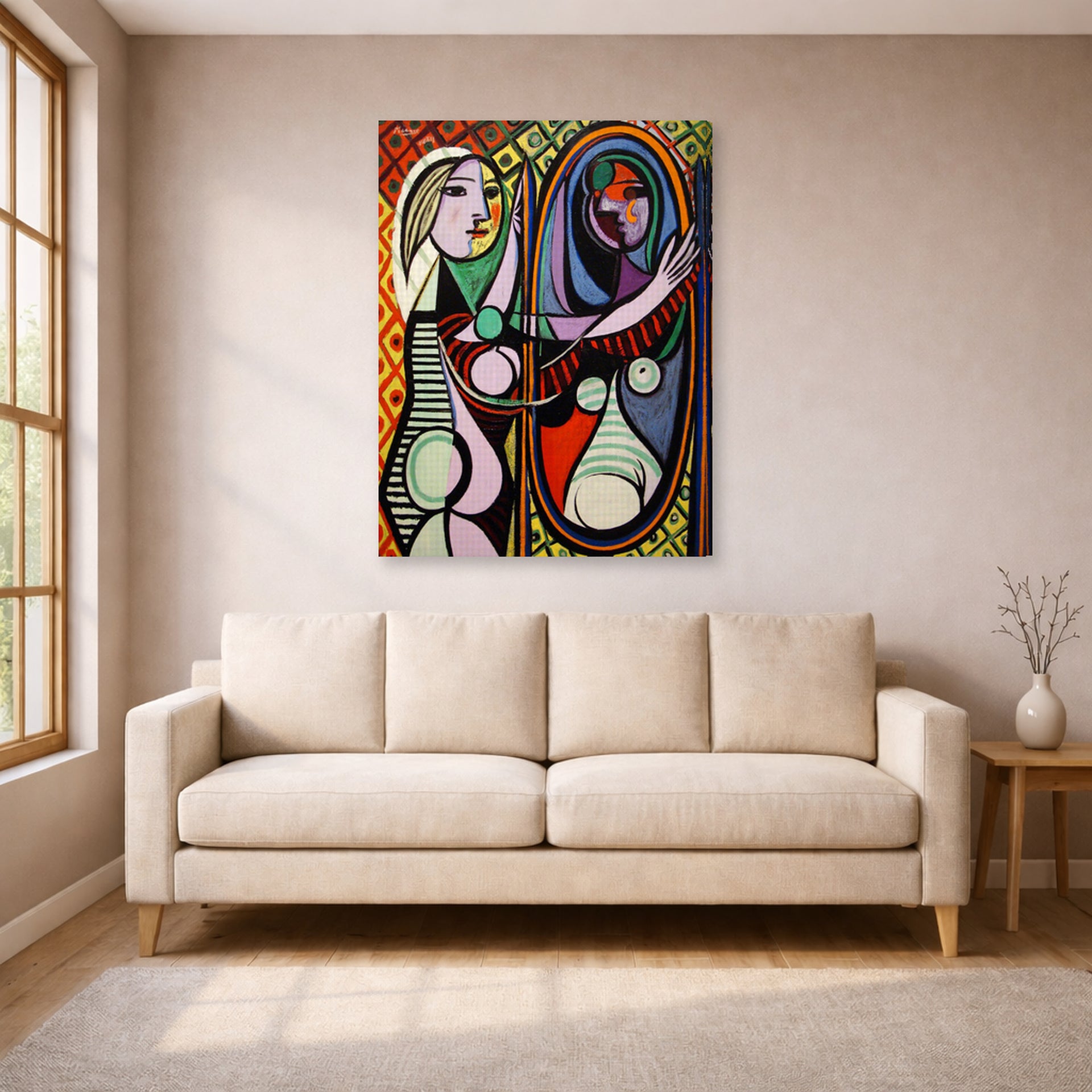 Gallery-wrapped canvas print of Pablo Picasso's 'Girl Before a Mirror' displayed on a wall in a living room
