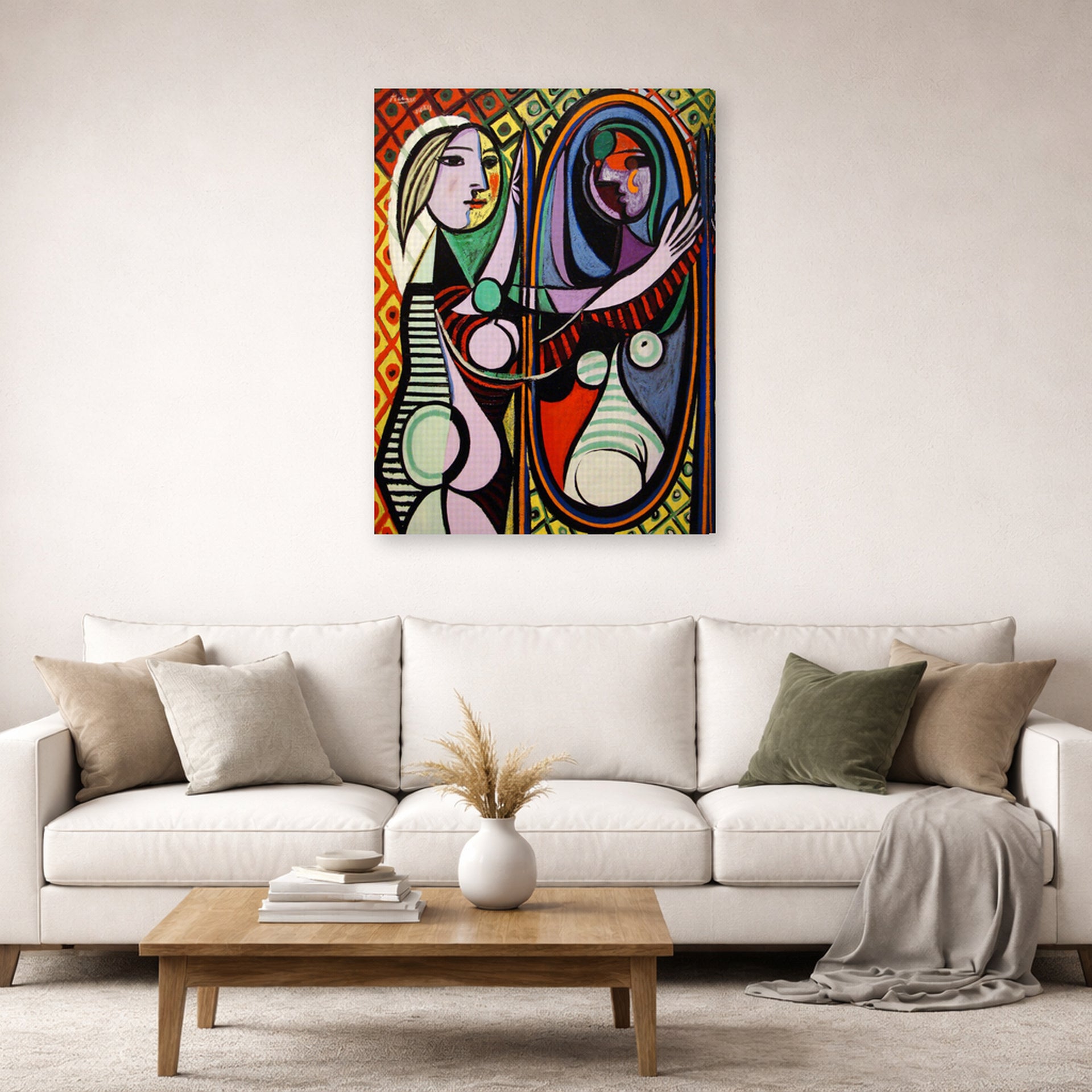 Gallery-wrapped canvas print of Pablo Picasso's 'Girl Before a Mirror' displayed on a wall in a living room