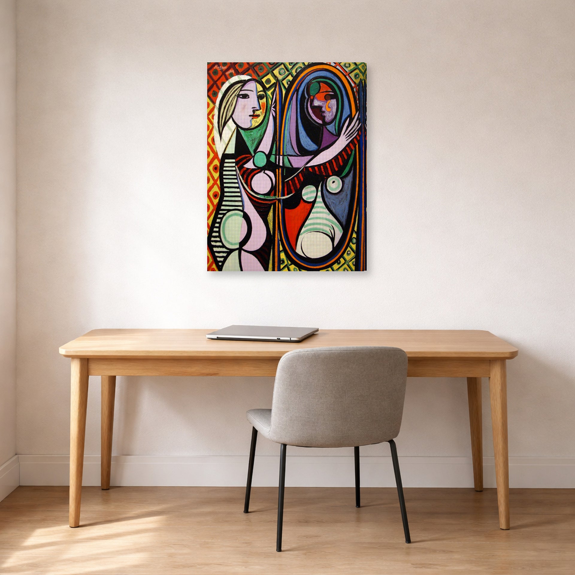 Gallery-wrapped canvas print of Pablo Picasso's 'Girl Before a Mirror' displayed on a wall in a home office