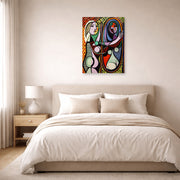 Unframed poster print of Pablo Picasso's 'Girl Before a Mirror' displayed on a wall in a bedroom
