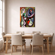 Unframed poster print of Pablo Picasso's 'Girl Before a Mirror' displayed on a wall in a dining room
