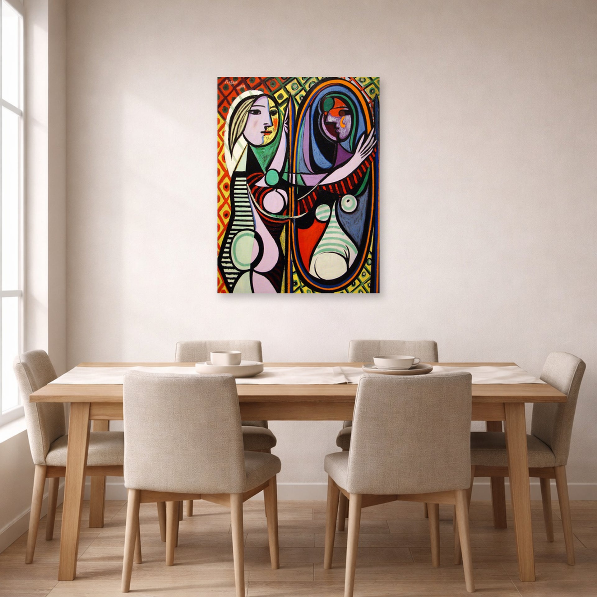 Unframed poster print of Pablo Picasso's 'Girl Before a Mirror' displayed on a wall in a dining room
