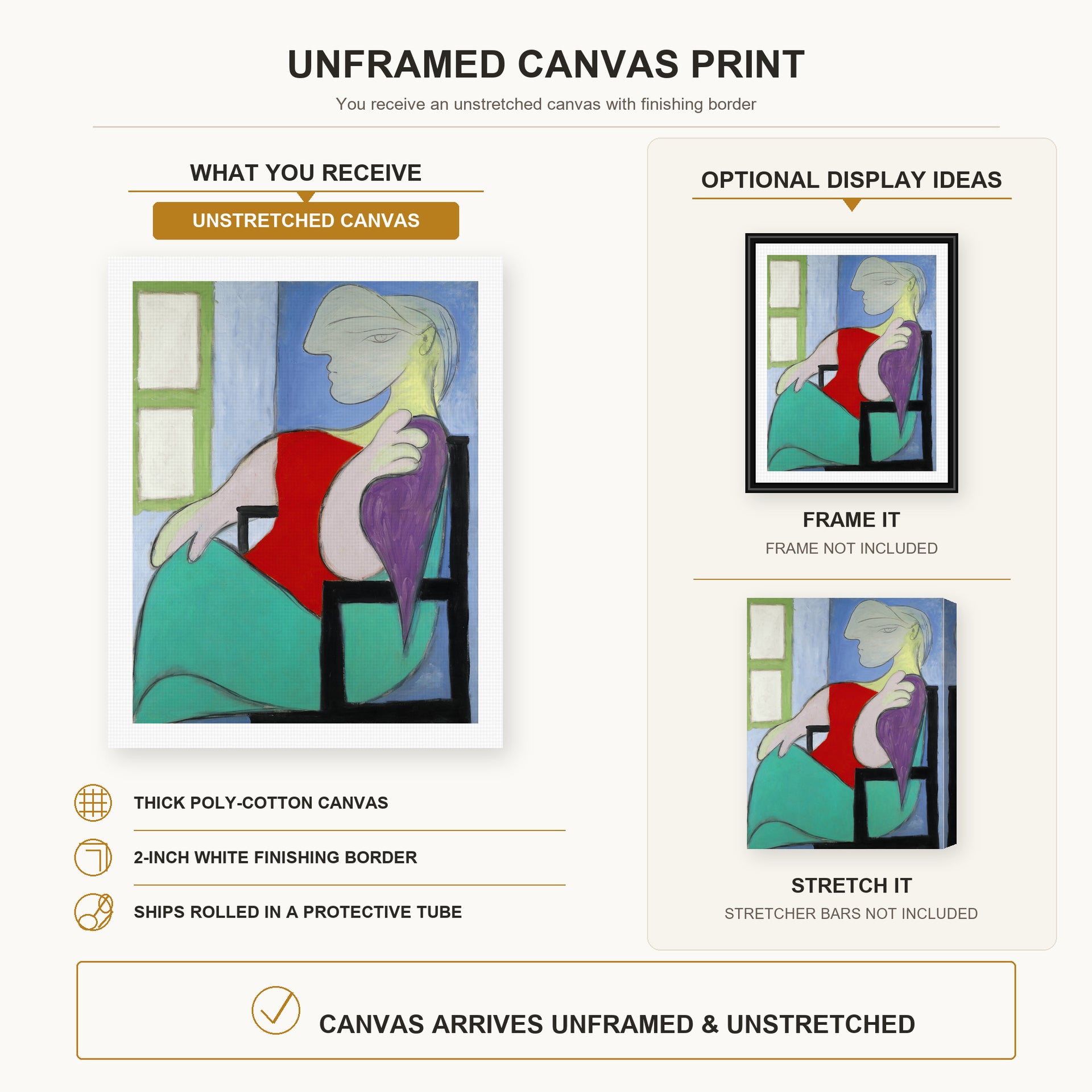 Pablo Picasso - "Golden Muse" Marie Therese Walter canvas print size comparison and framing display infographic