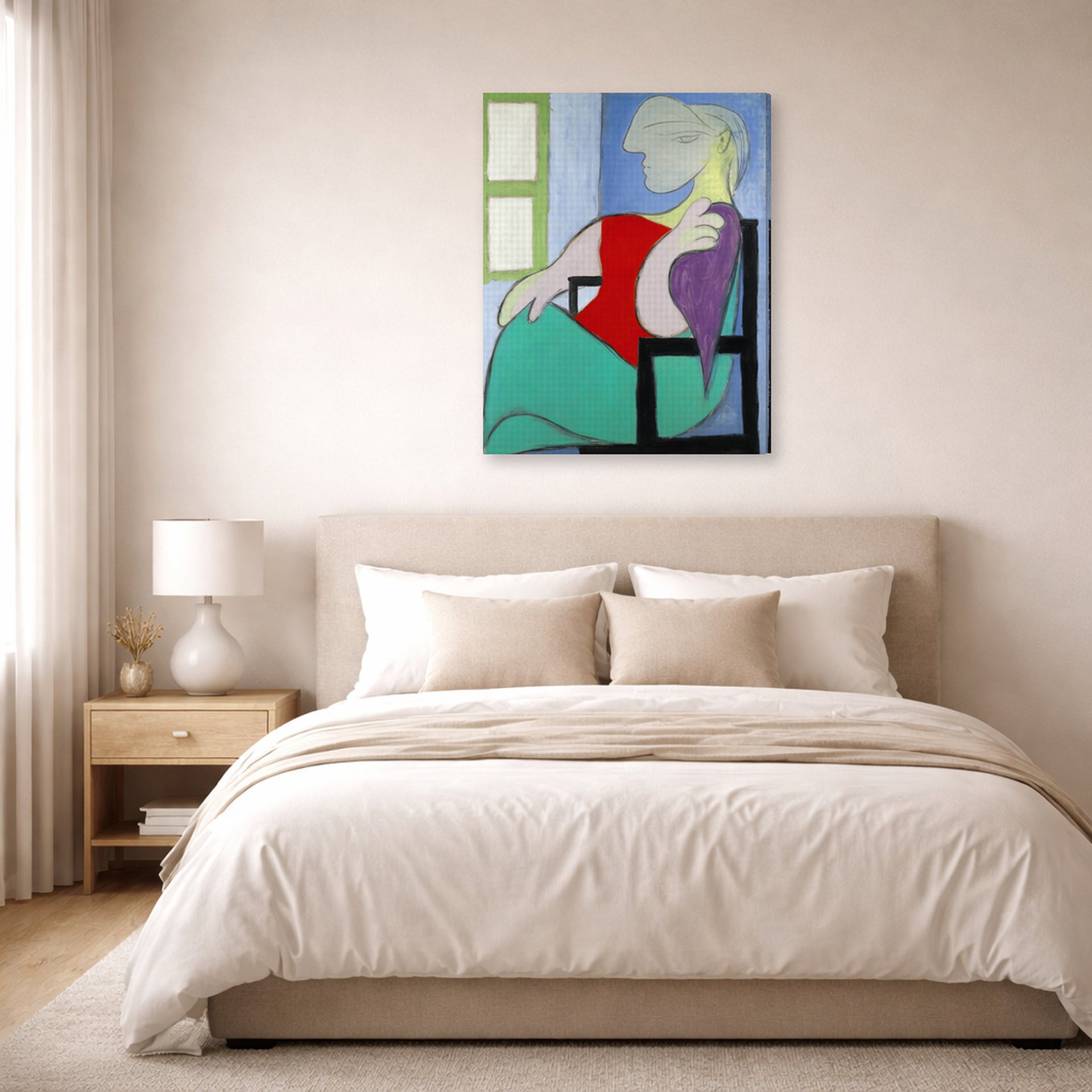 Gallery-wrapped canvas print of Pablo Picasso's '"Golden Muse" Marie Therese Walter' displayed on a wall in a bedroom