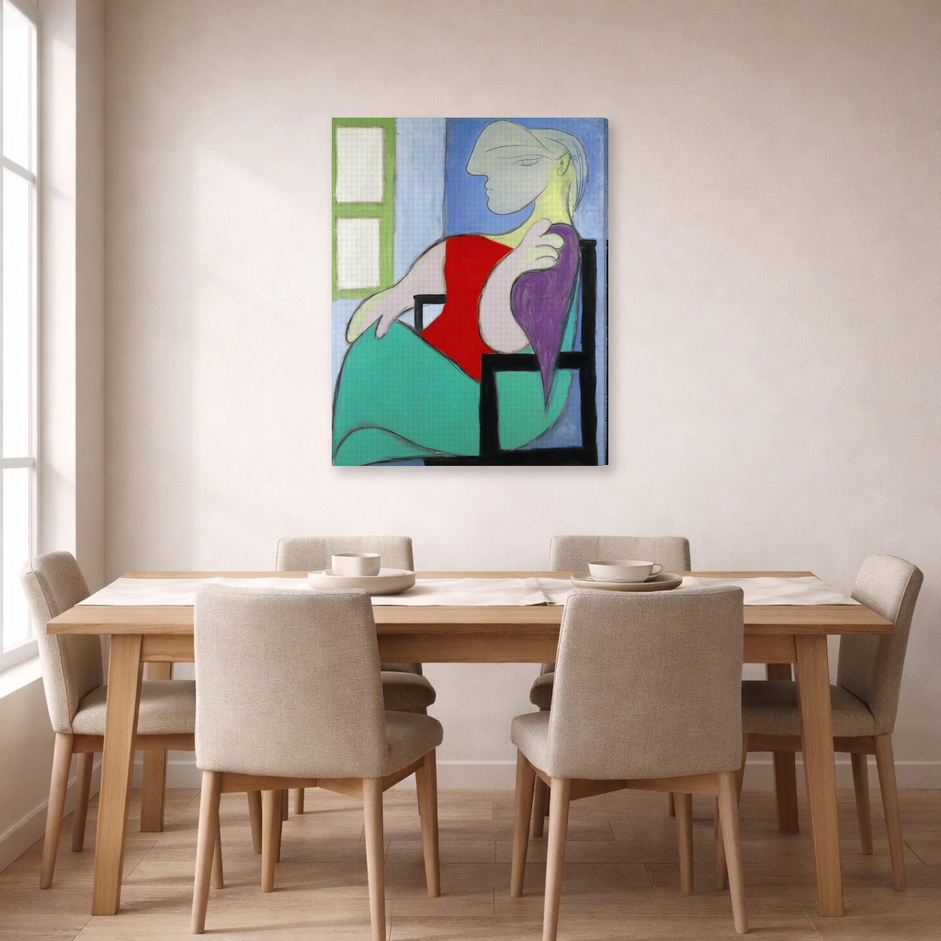 Gallery-wrapped canvas print of Pablo Picasso's '"Golden Muse" Marie Therese Walter' displayed on a wall in a dining room