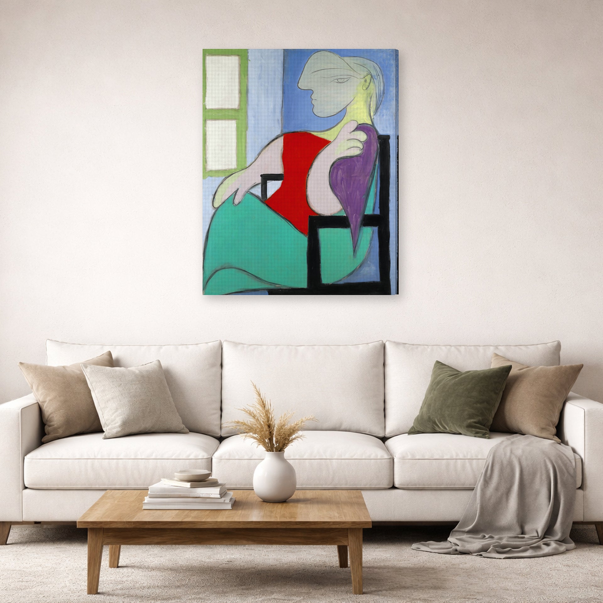 Gallery-wrapped canvas print of Pablo Picasso's '"Golden Muse" Marie Therese Walter' displayed on a wall in a living room