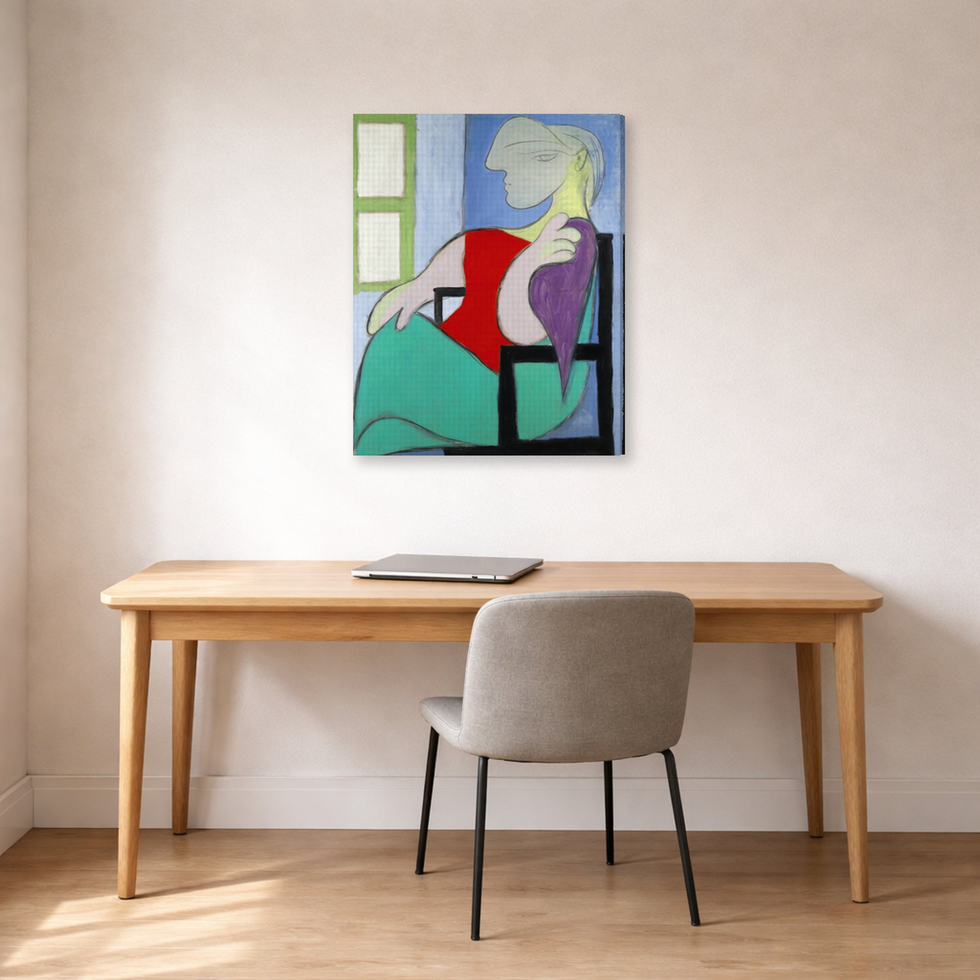 Gallery-wrapped canvas print of Pablo Picasso's '"Golden Muse" Marie Therese Walter' displayed on a wall in a home office