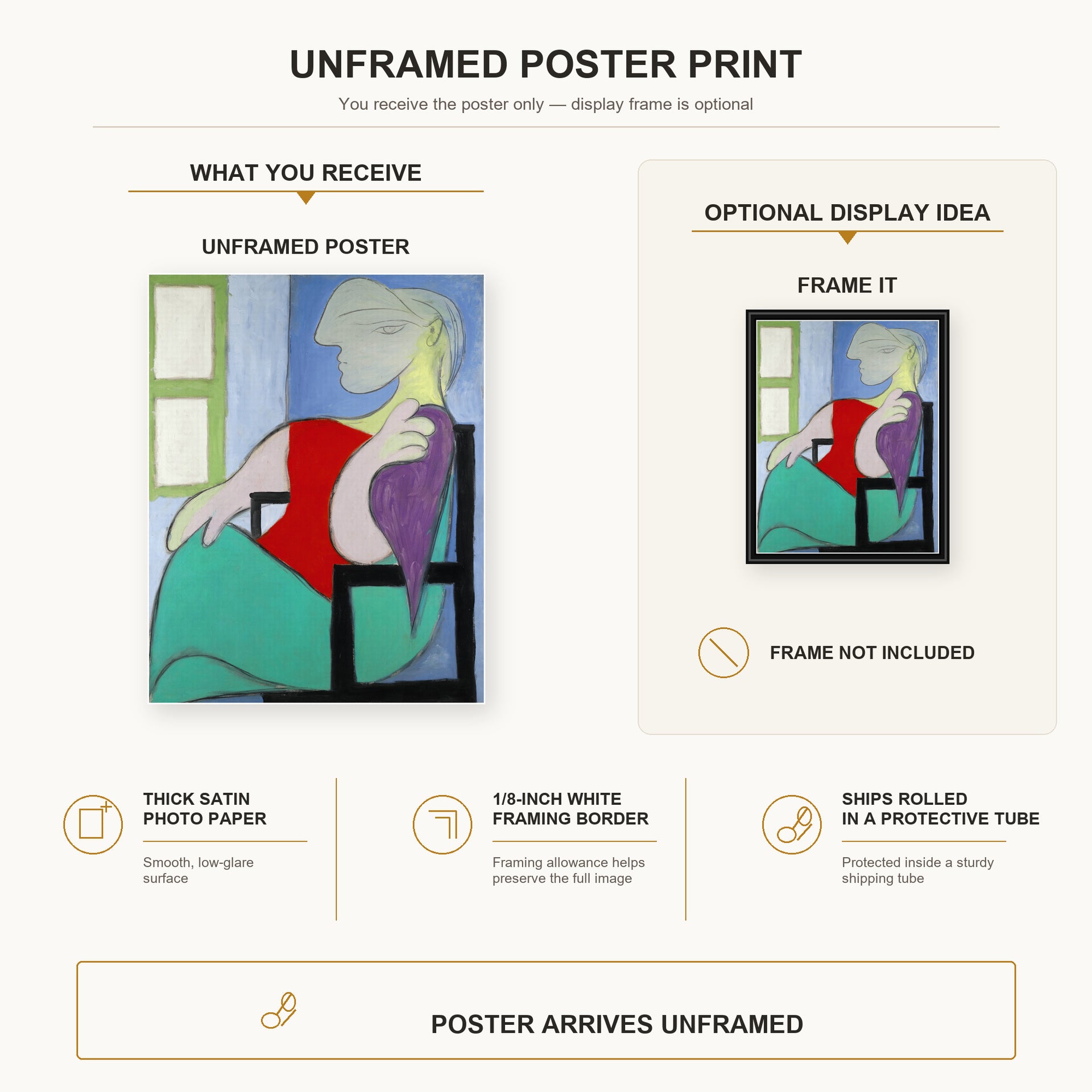 Pablo Picasso - "Golden Muse" Marie Therese Walter poster print size comparison and framing display infographic