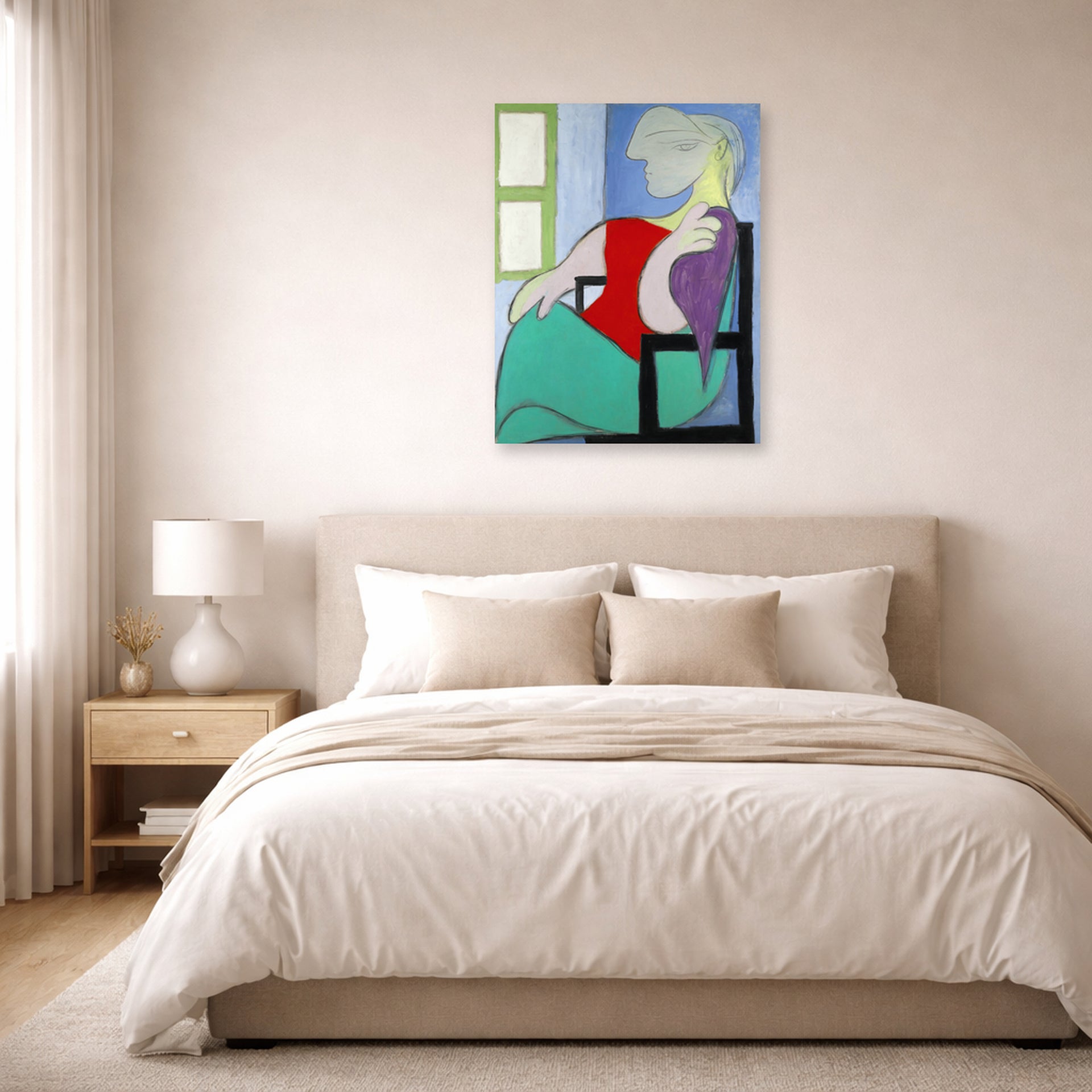 Unframed poster print of Pablo Picasso's '"Golden Muse" Marie Therese Walter' displayed on a wall in a bedroom