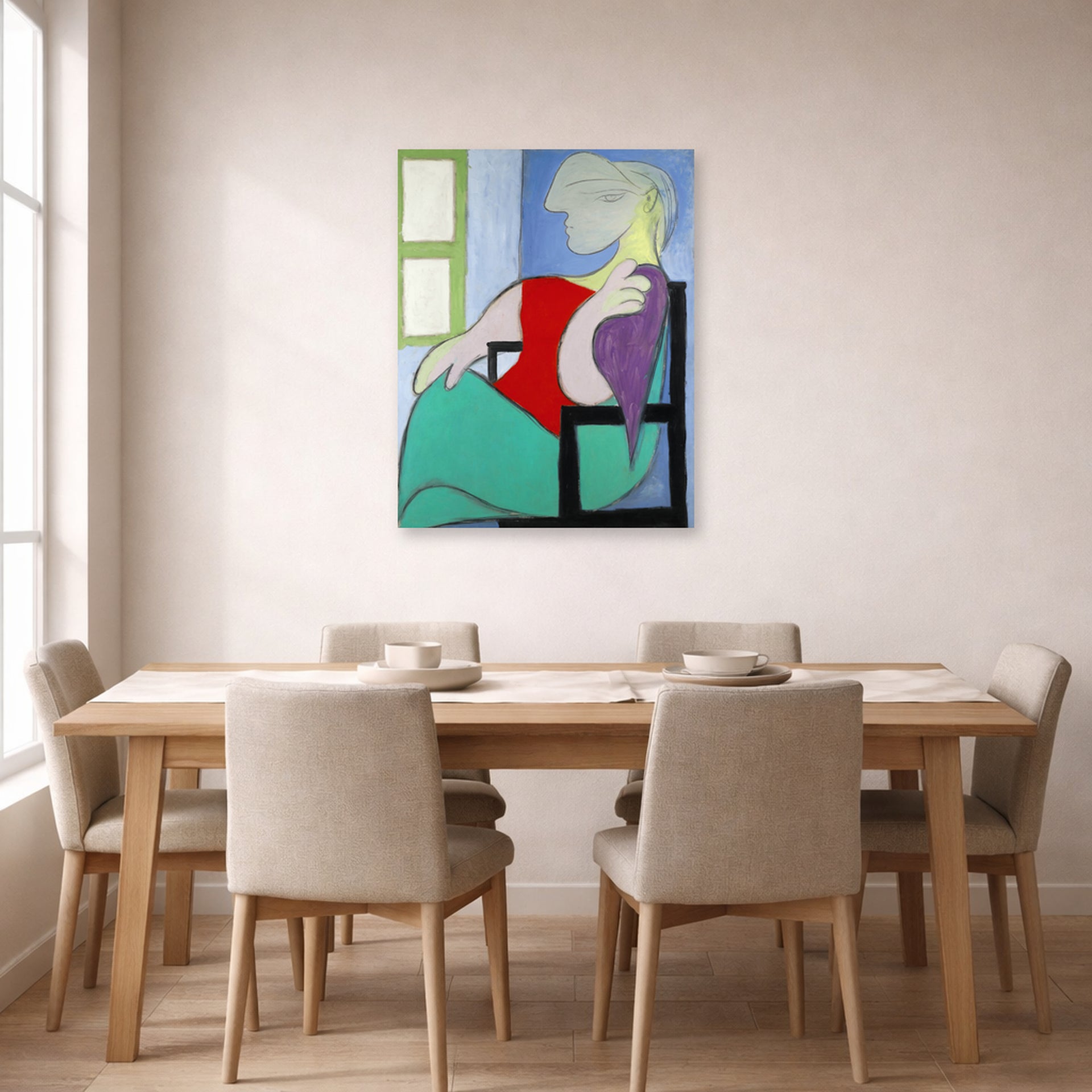 Unframed poster print of Pablo Picasso's '"Golden Muse" Marie Therese Walter' displayed on a wall in a dining room