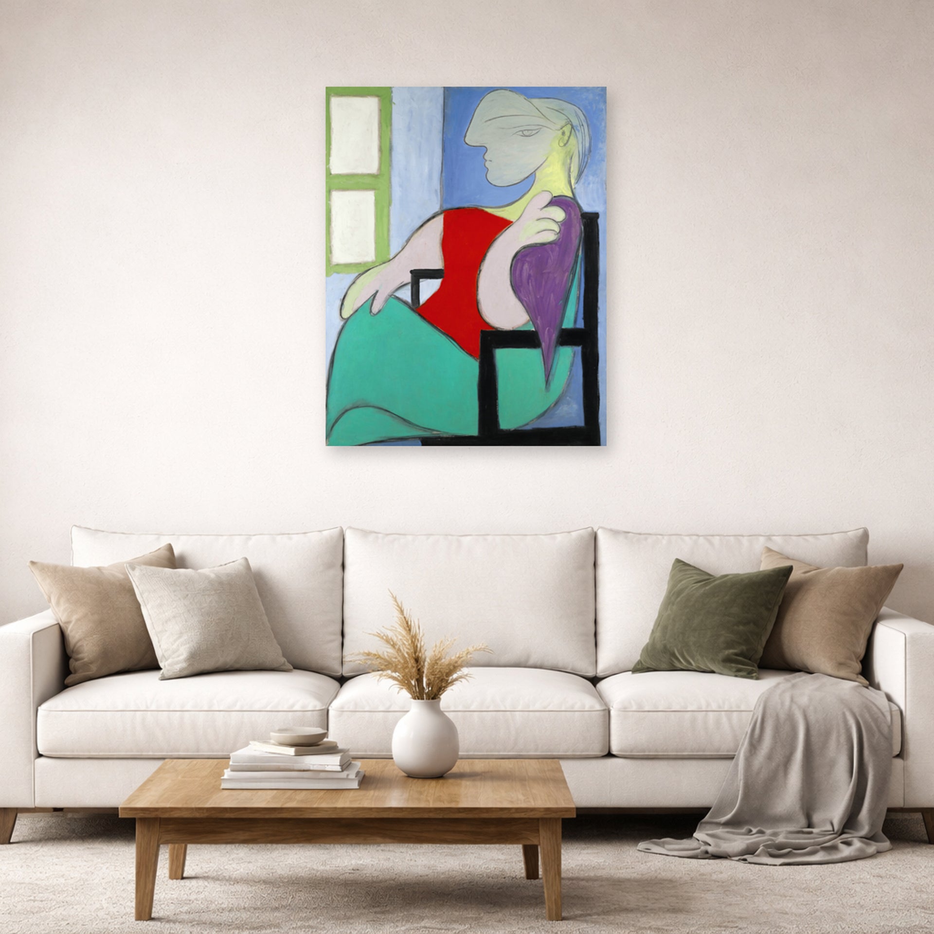 Unframed poster print of Pablo Picasso's '"Golden Muse" Marie Therese Walter' displayed on a wall in a living room