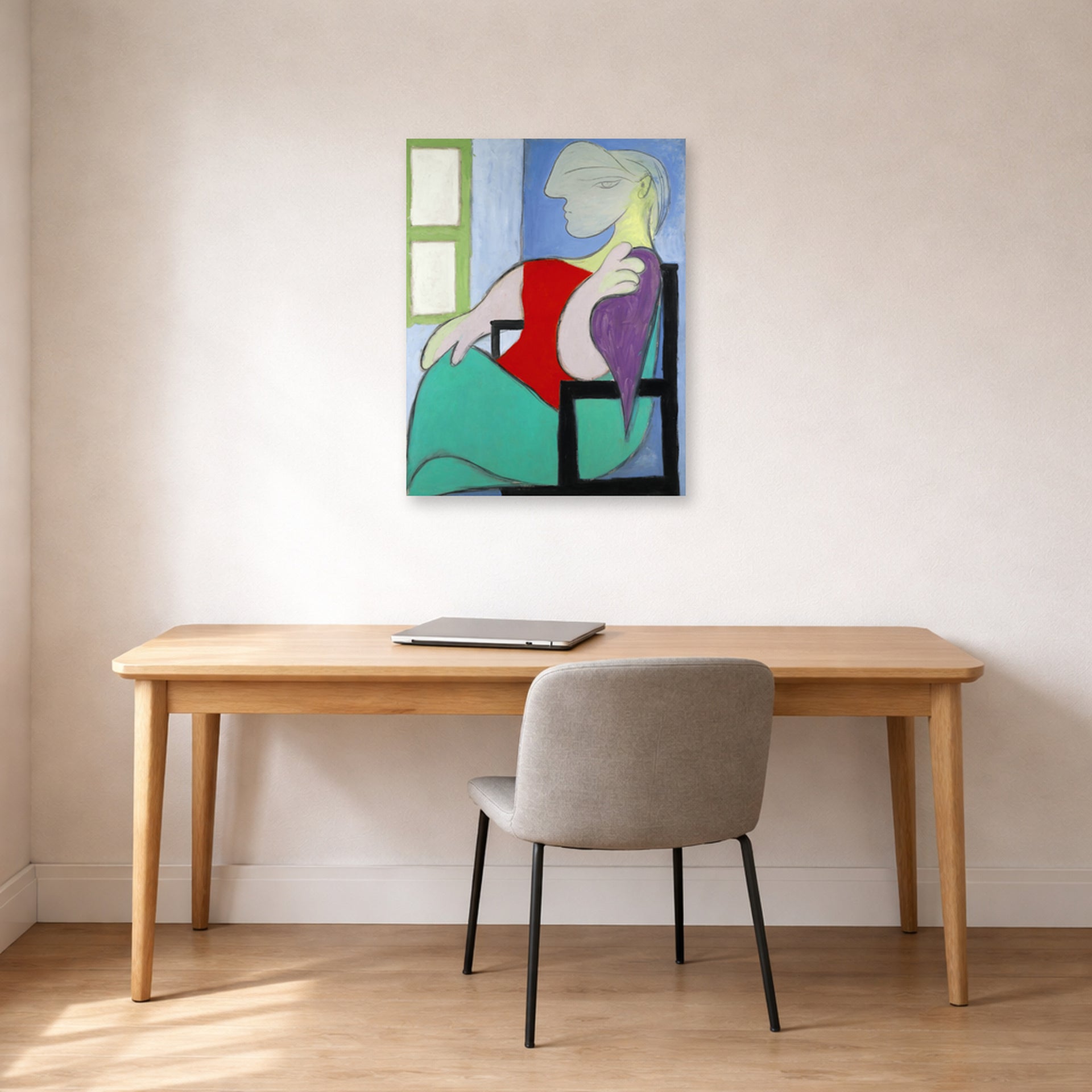 Unframed poster print of Pablo Picasso's '"Golden Muse" Marie Therese Walter' displayed on a wall in a home office